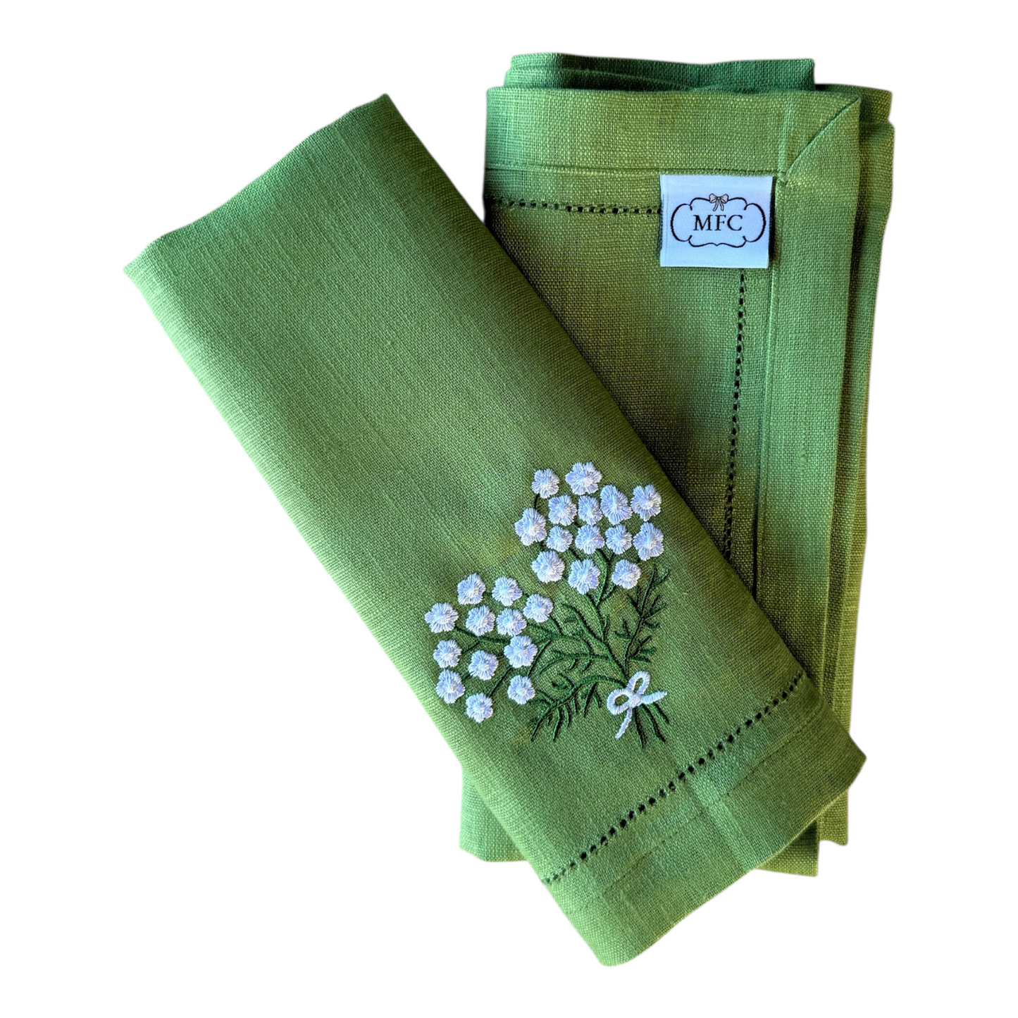 GREEN & WHITE POSEY BOW EMBROIDERED LINEN NAPKIN - Set of 4
