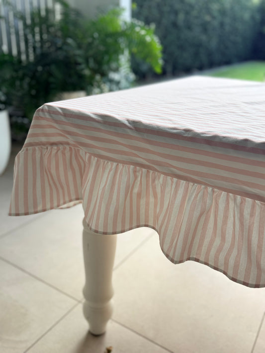 The Blossom Pink Stripe Frill Rectangle Tablecloth