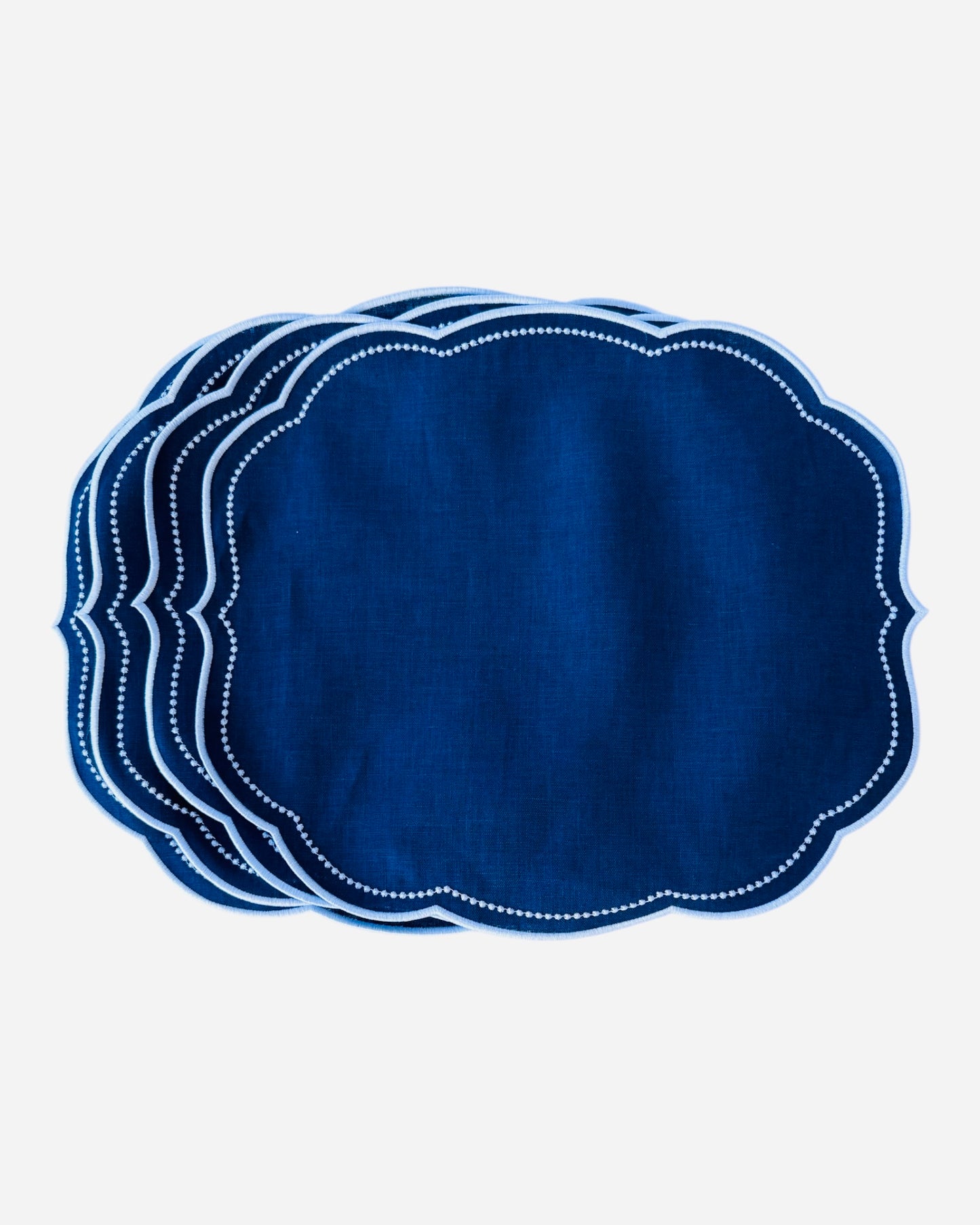 Navy Blue & White Camille Embroidered Linen Placemats Set - Set of 4