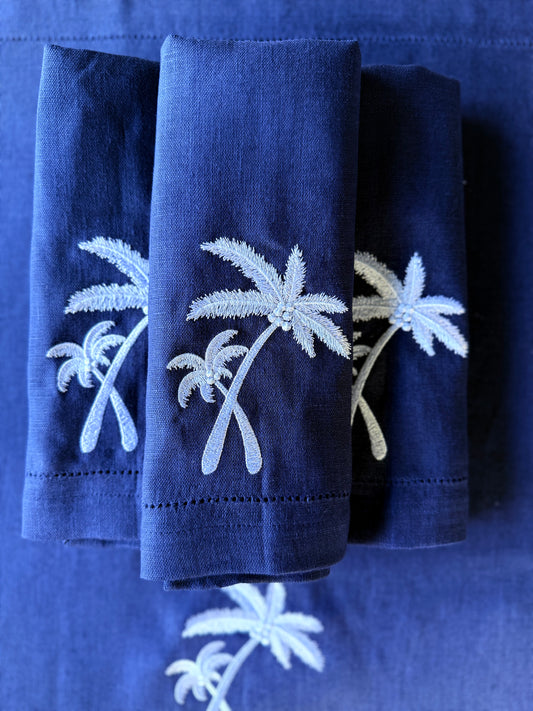 NAVY & WHITE MAISON COCO EMBROIDERED LINEN NAPKIN  Set of 4
