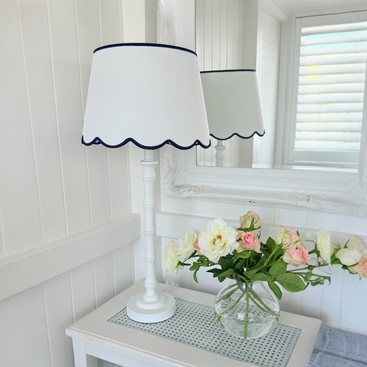 ** Back in stock ** THE BRUNSWICK SCALLOPED LAMP - NAVY TRIM