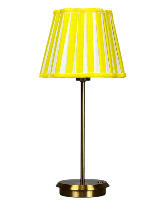 LEMON YELLOW STRIPE SCALLOPED SHADE & BRUSHED GOLD TABLE LAMP