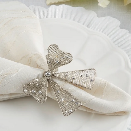 SILVER BEADED BOW NAPKIN RINGS– Set of 4