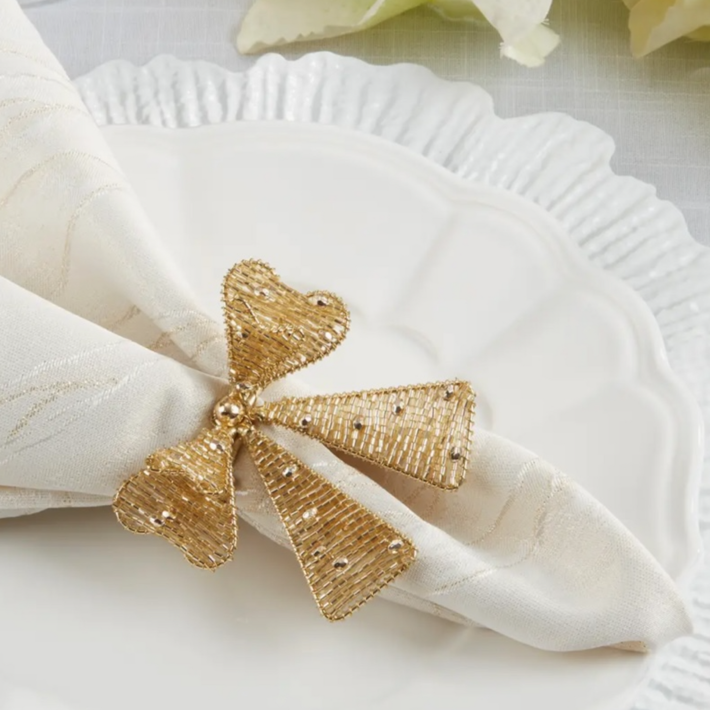 GOLD BEADED BOW NAPKIN RINGS– Set of 4