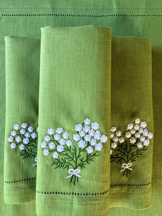 GREEN & WHITE POSEY BOW EMBROIDERED LINEN NAPKIN  - Set of 4