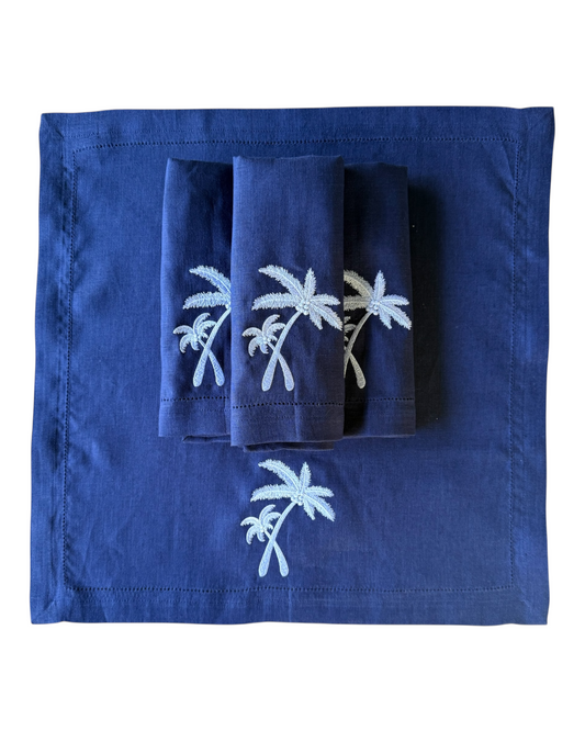 NAVY & WHITE MAISON COCO EMBROIDERED LINEN NAPKIN  Set of 4