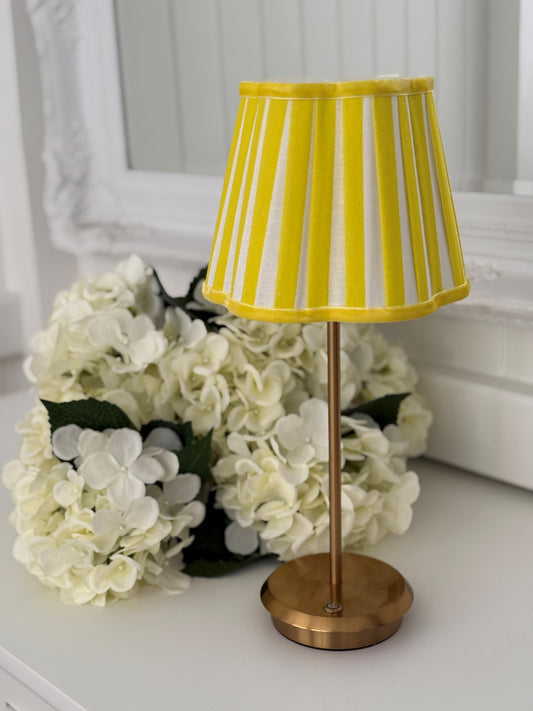 LEMON YELLOW STRIPE SCALLOPED SHADE & BRUSHED GOLD TABLE LAMP